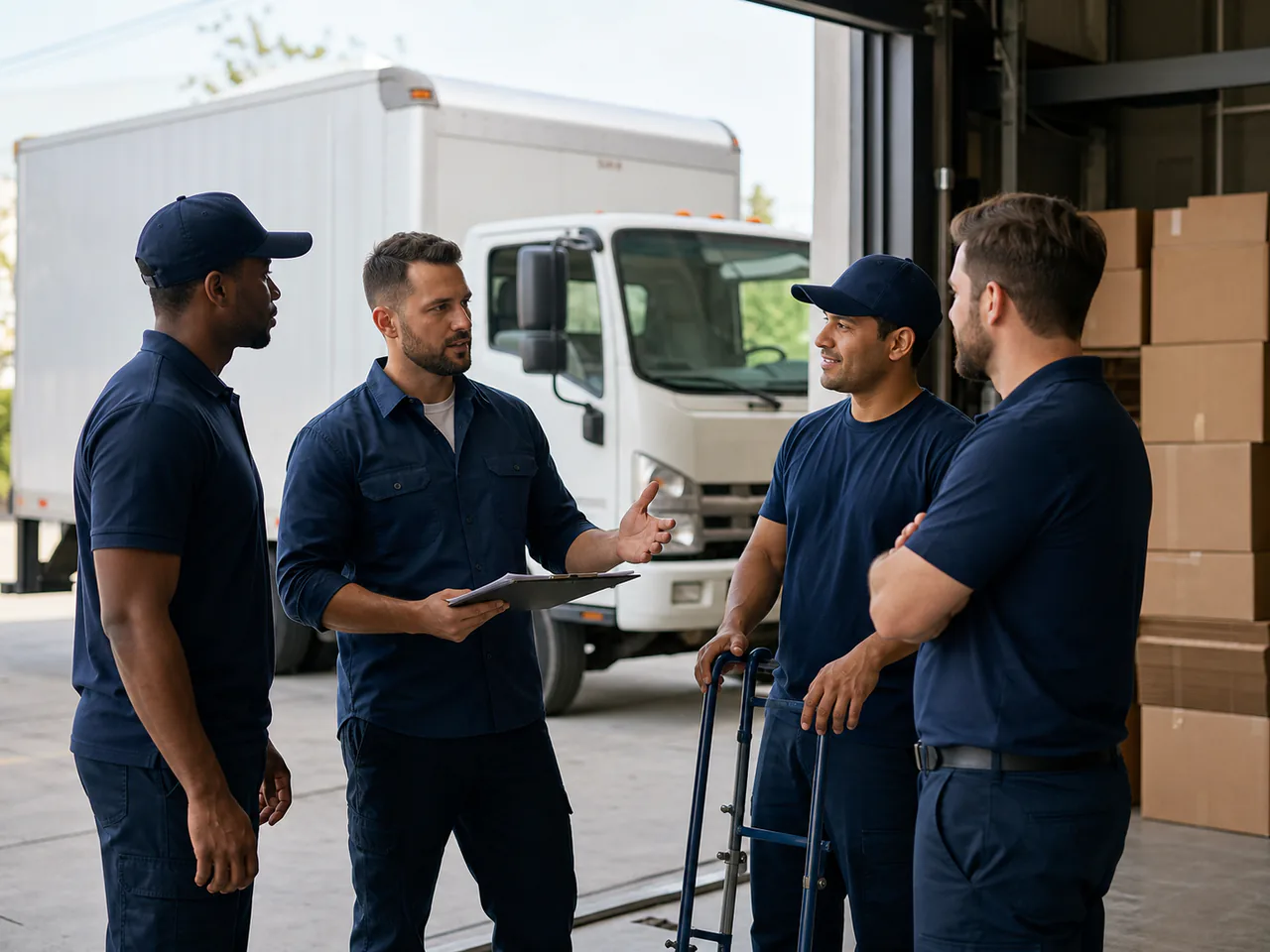 Moving company owner briefing a professional crew beside a box truck