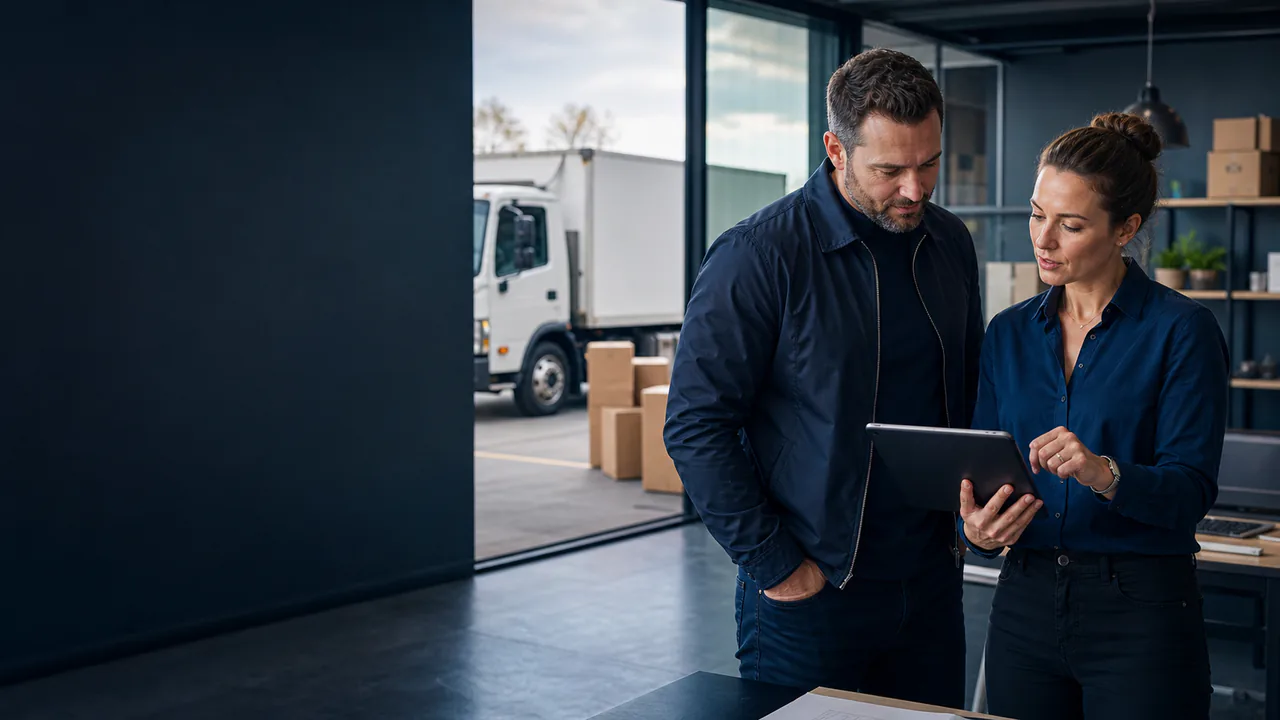 Moving company owner and marketing strategist reviewing campaign performance beside a moving truck